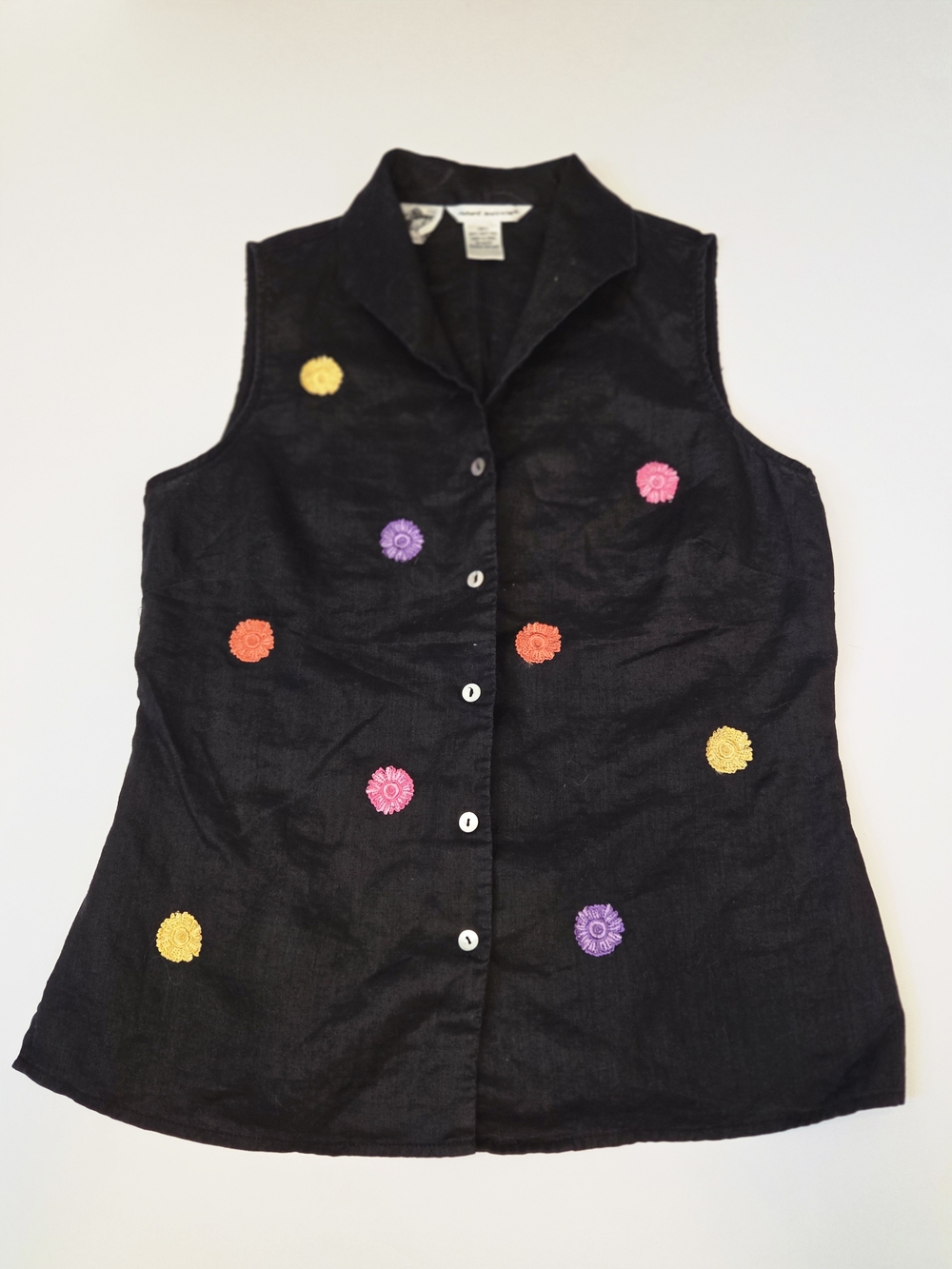 Richard Malcolm Black Irish Linen Embroidered Floral Sleeveless Blouse Size S